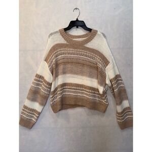LUSH Striped Open Knit Cropped Sweater Cream Taupe Multi XL
